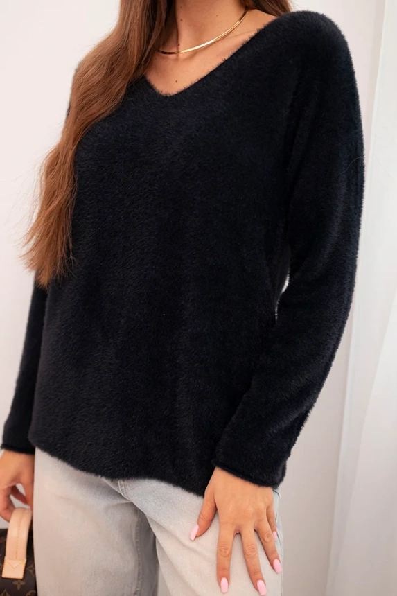 Women's sweater made of soft knit with a V-neck black