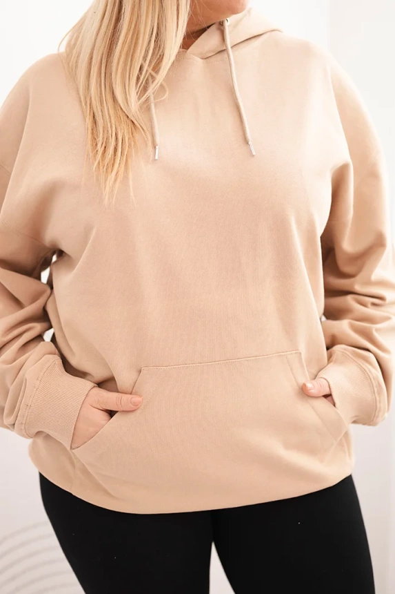 Bluza damska pętelkowa Plus Size bawełniana z kapturem i kieszenią kangurką beżowa