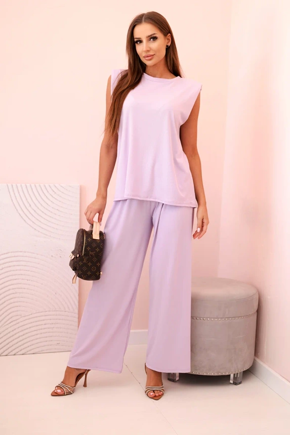 Women's set made of viscose with no sleeves and straight trousers light purple