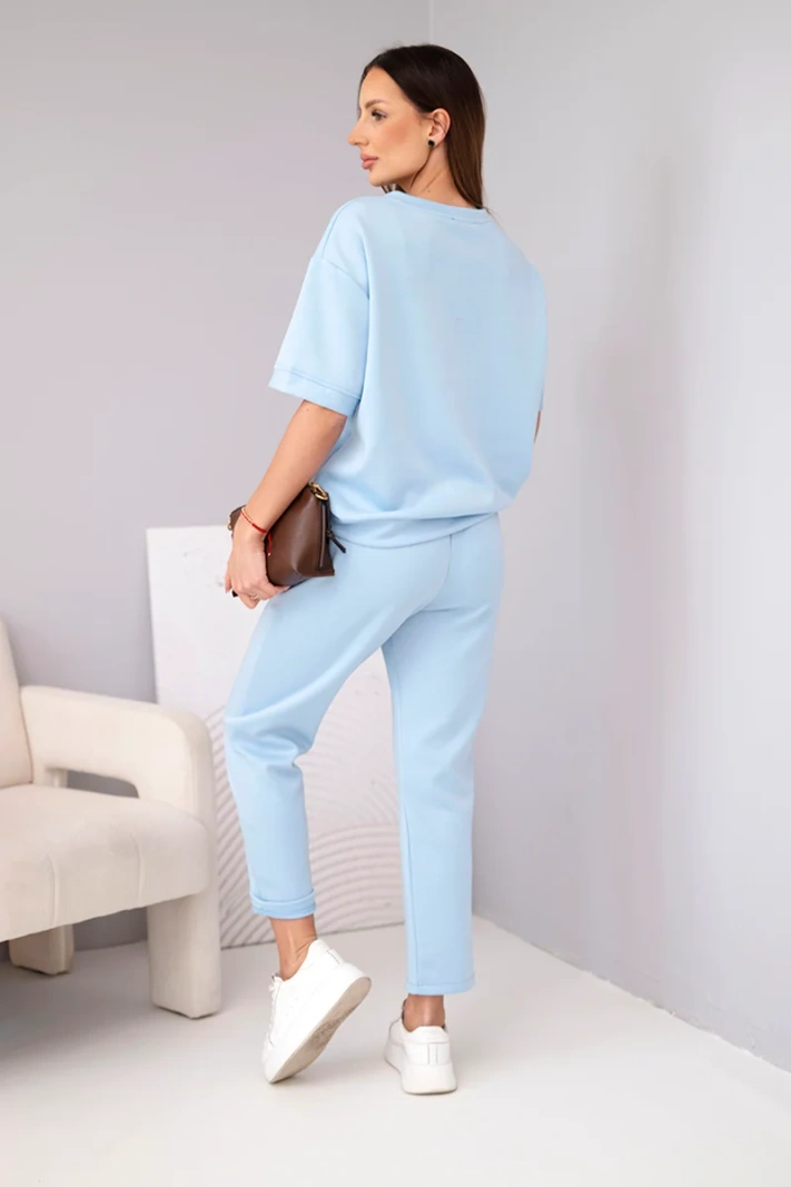 Women's viscose set butter with short sleeves and rolled-up pants blue
