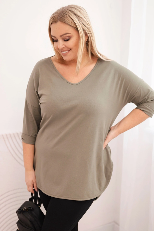 Bluzka damska bawełniana Plus Size z dekoltem V i podwijanym rękawem khaki
