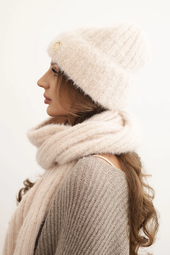 Women's set hat and long scarf made of soft yarn light powder pink