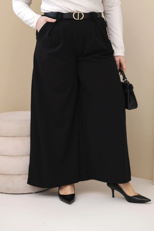 Spodnie damskie Plus Size wiskozowe z szeroką nogawką i paskiem czarne