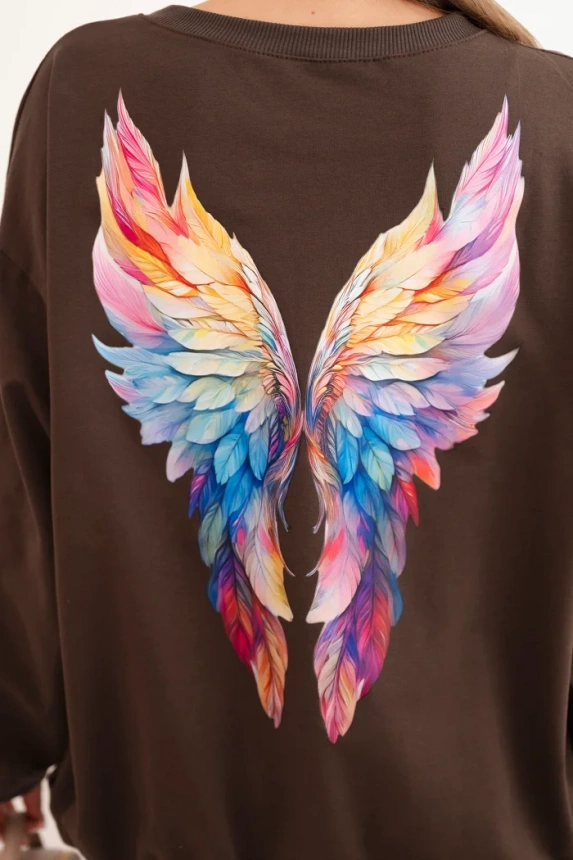Women's oversized cotton sweatshirt with colorful wings on the back brown