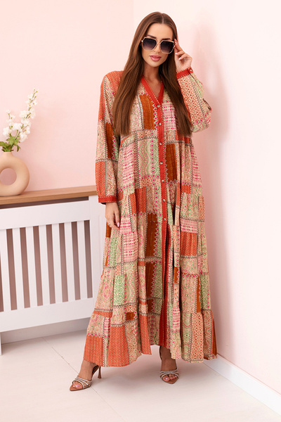 Damenkleid aus Baumwolle mit Knöpfen im Boho-Stil Ingwer