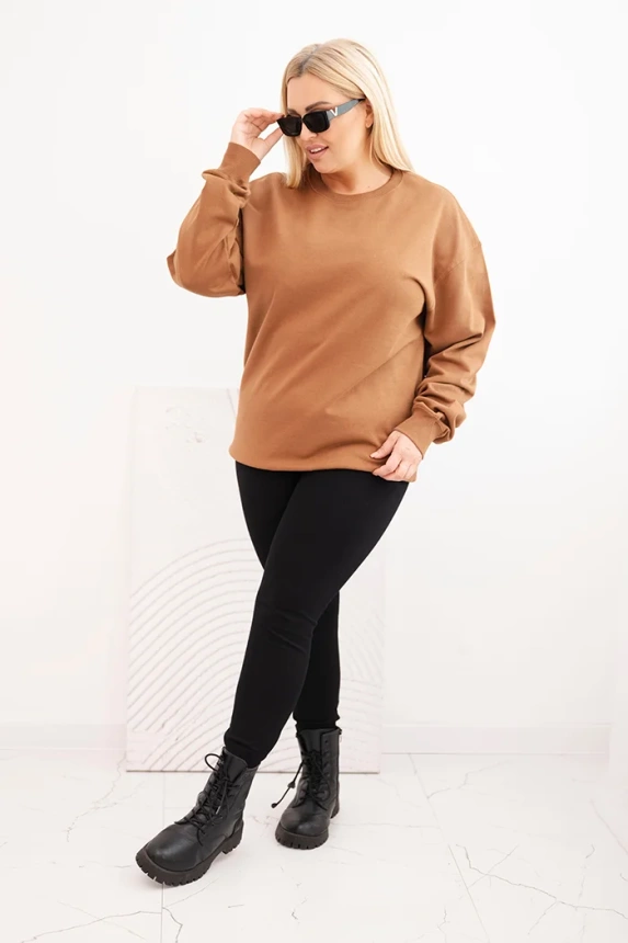 Women's Plus Size basic looped sweatshirt with a round neckline camel