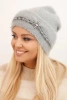 Women's winter fluffy hat with pearls and decorative braid gray