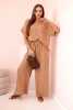 Women's viscose set with decorative flower and wide trousers - camel
