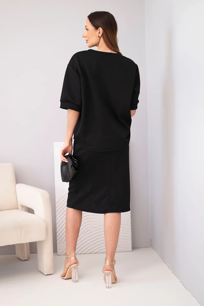 Damen-Set aus butterweichem Material mit Bluse und Midirock schwarz