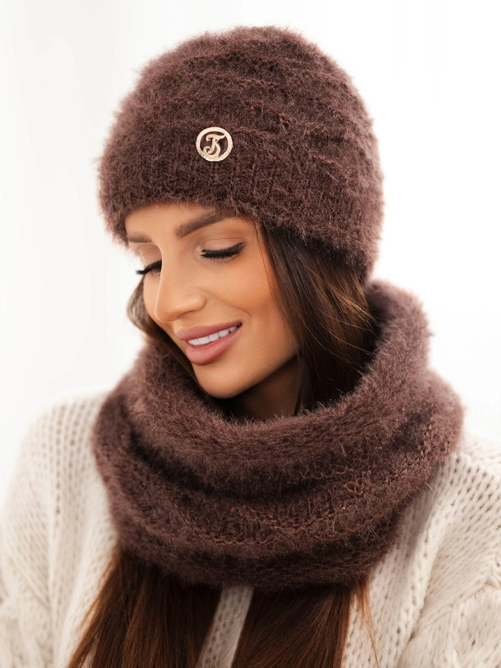 Damen-Set Mütze und Loop braun