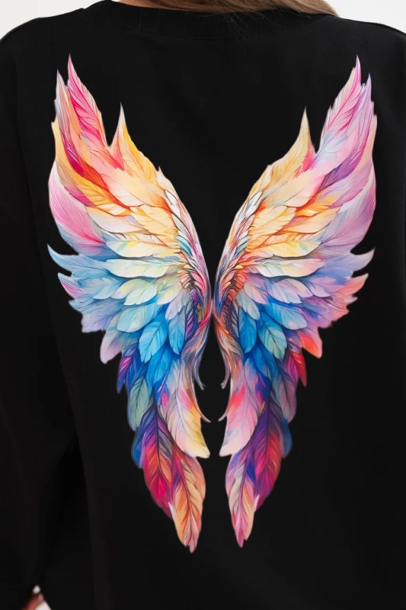 Women's oversized cotton sweatshirt with colorful wings on the back black