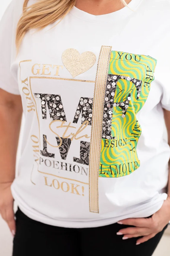 Damen Baumwollbluse in Plus Size mit Print und Pailletten weiß + grün