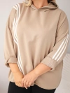 Moteriškas Plus Size veliūrinis megztinis su kapišonu ir dekoratyvinėmis juostelėmis smėlio spalvos