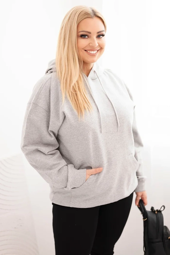 Damenpullover Plus Size aus Baumwolle mit Kapuze und Kängurutasche grau