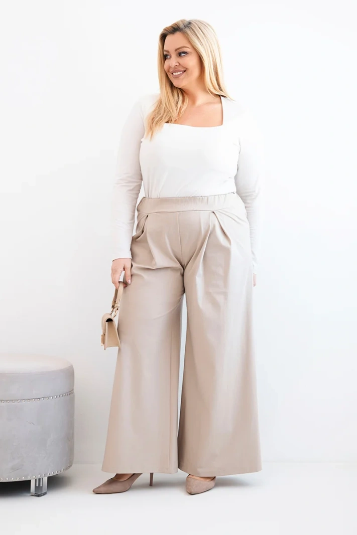 Dámské kalhoty Plus Size se širokými nohavicemi a plizováním tmavě béžové