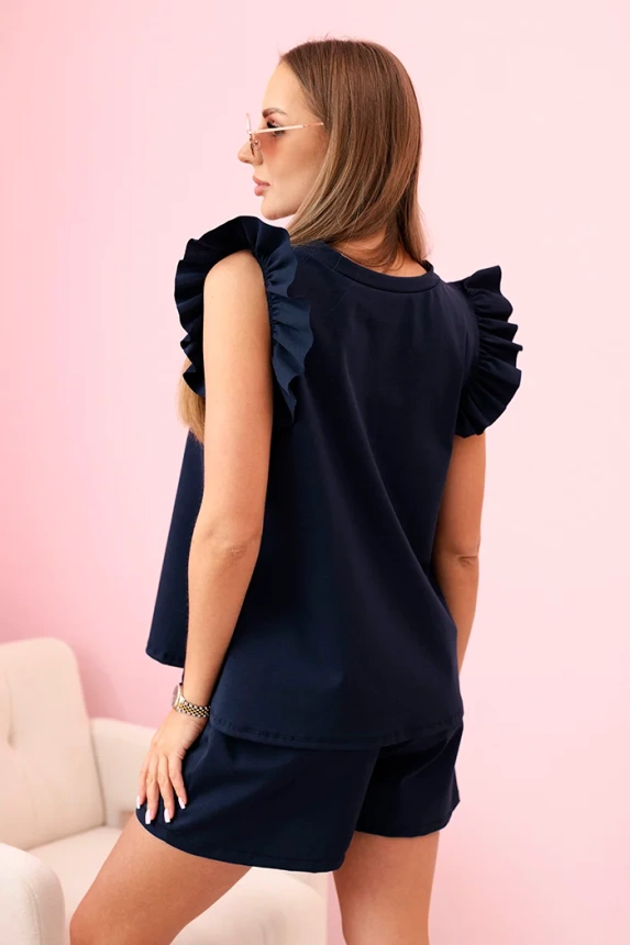 Women's set with a frill – a short-sleeved blouse and shorts with an elastic band navy blue