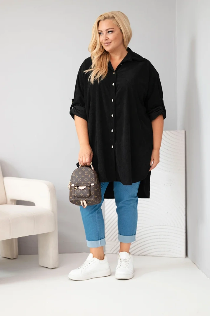 Damenbluse Plus Size aus Viskose Cord mit hochknöpfbaren Ärmeln schwarz