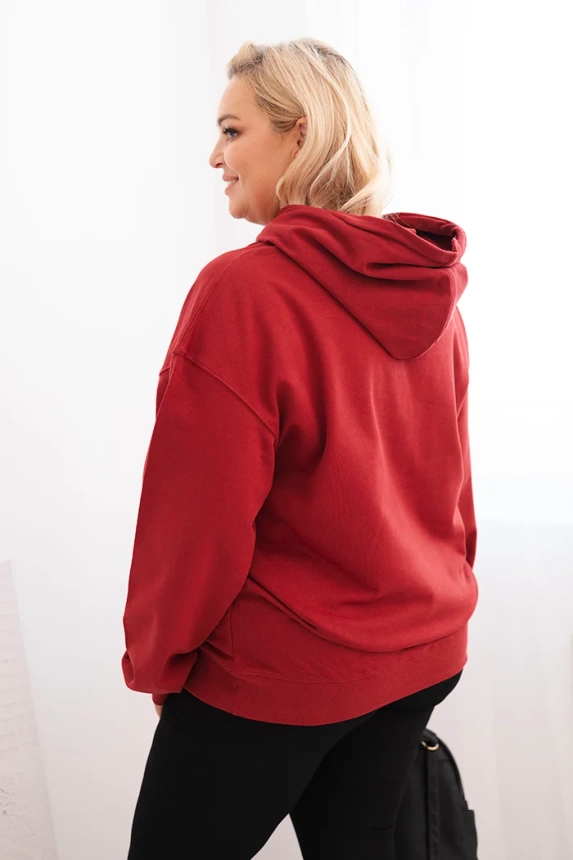 Moteriška pėtelinė plus size medvilninė bliuzonas su gobtuvu ir kengūros kišene bordo