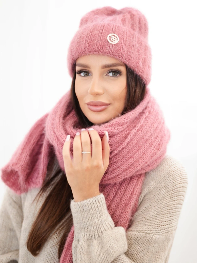 Women's set hat and long scarf made of soft yarn dark pink pink