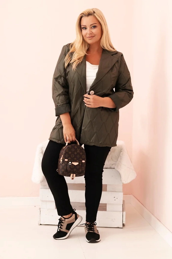 Plius dydžio moteriška striukė su apykakle ir mygtuku khaki