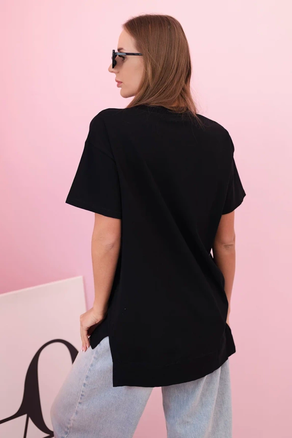 Women's oversized cotton T-shirt with a heart and fringes black