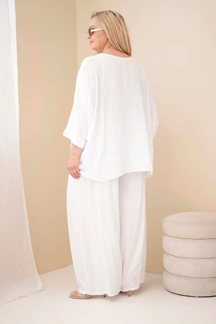 Damen-Plus-Size-Set aus Viskose mit weiten Hosen und Bluse weiß