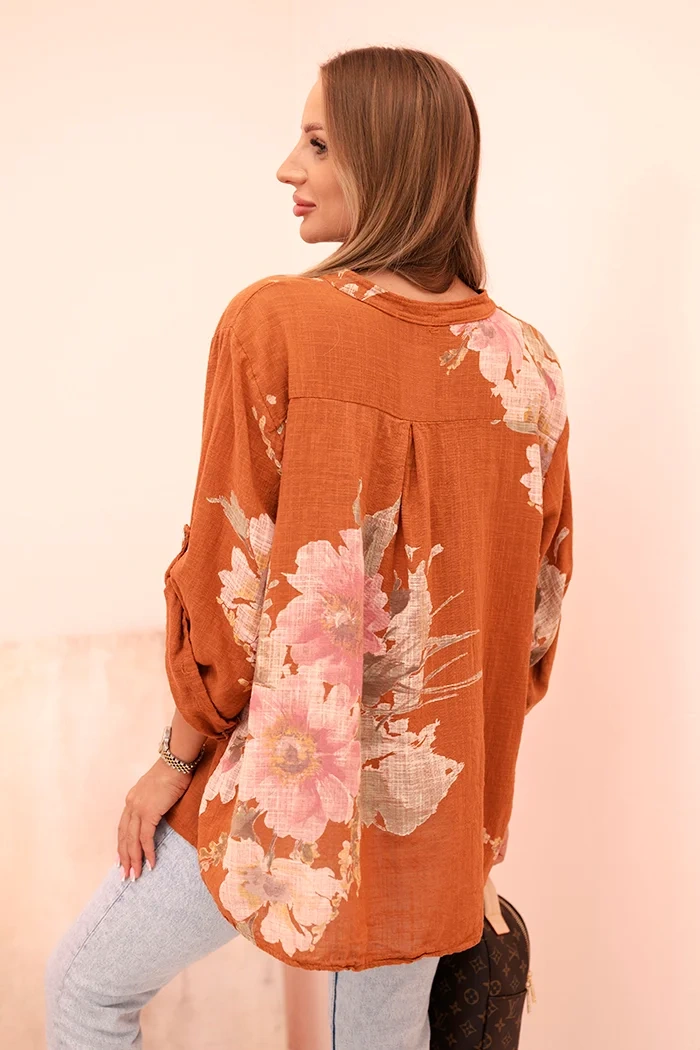 Damenbluse aus Baumwolle mit Blumenmuster und Knöpfen rot