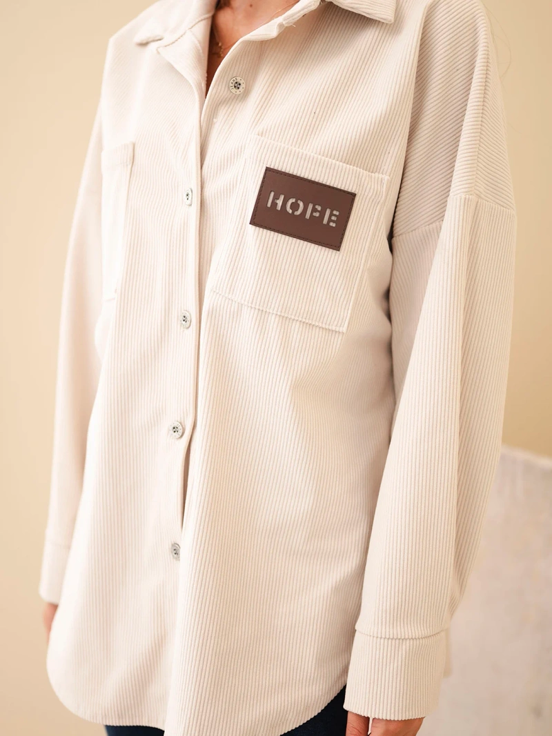 Women's oversized corduroy cotton shirt with pockets and long sleeves beige