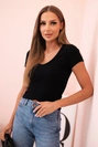 Women's ribbed blouse with a V-neck and short sleeves black