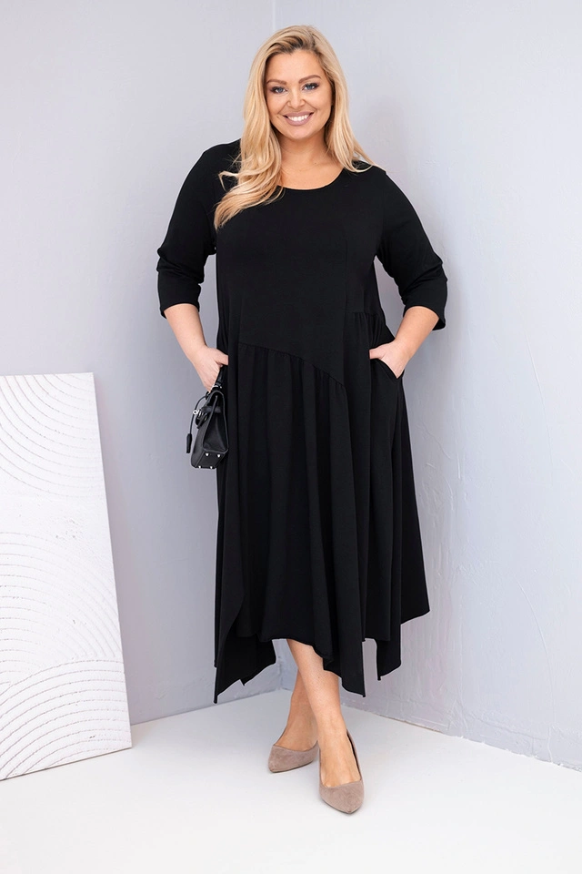 Plus Size women's cotton dress with an asymmetrical hem black
