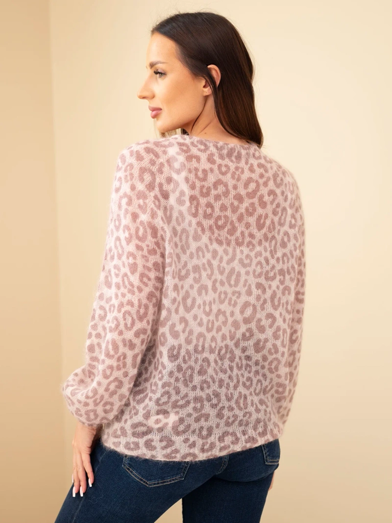 Damenpullover aus 70% Kid-Mohair mit Leopardenmuster und langen Ärmeln fango