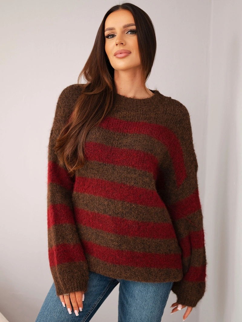 Damenpullover mit Woll- und Mohairanteil mit Streifen braun