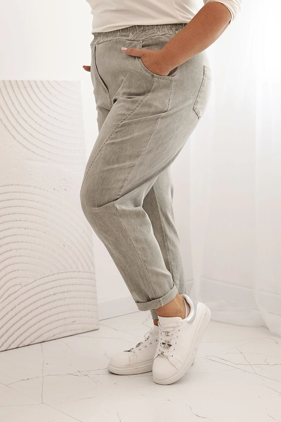 Dámske nohavice Plus Size dekantované s viskózou a širokou gumou jasné khaki