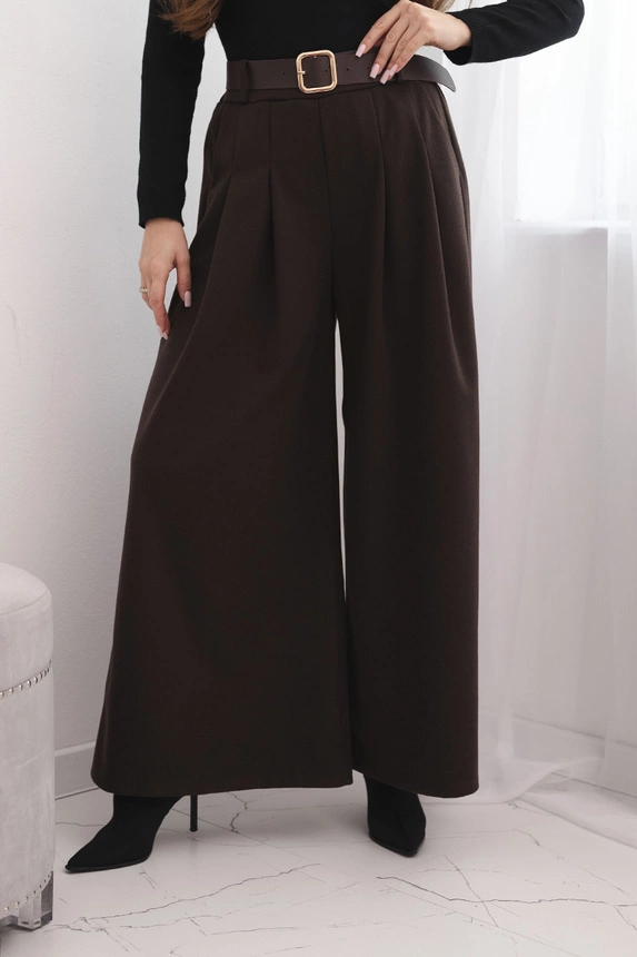 Women's pants with wide leg and belt brown