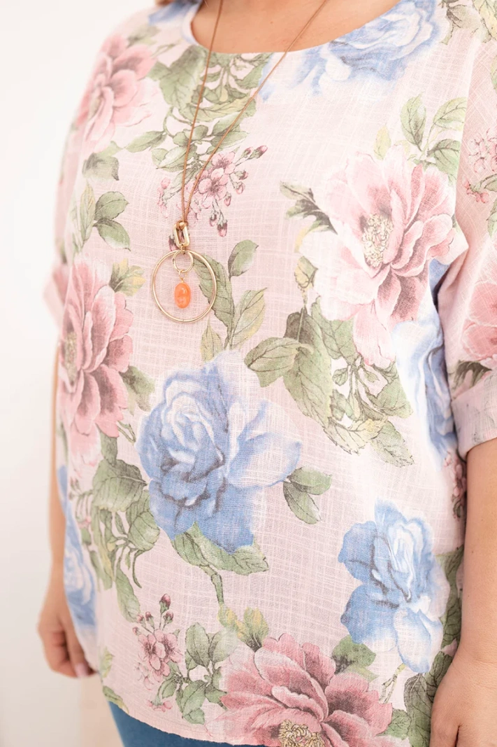 Damen-Baumwollbluse in Übergröße mit kurzen Ärmeln und floralem Muster pudriges Rosa