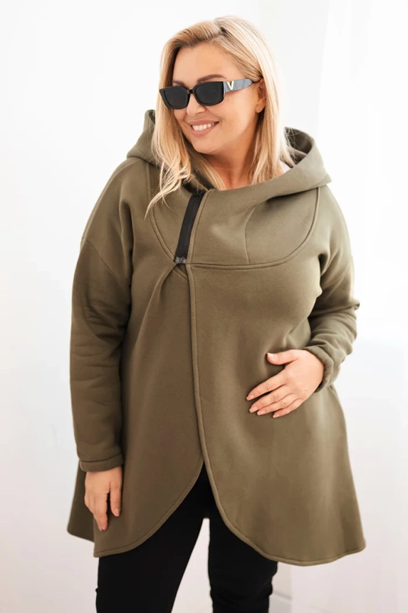 Women's Plus Size insulated hoodie with an asymmetrical zipper khaki