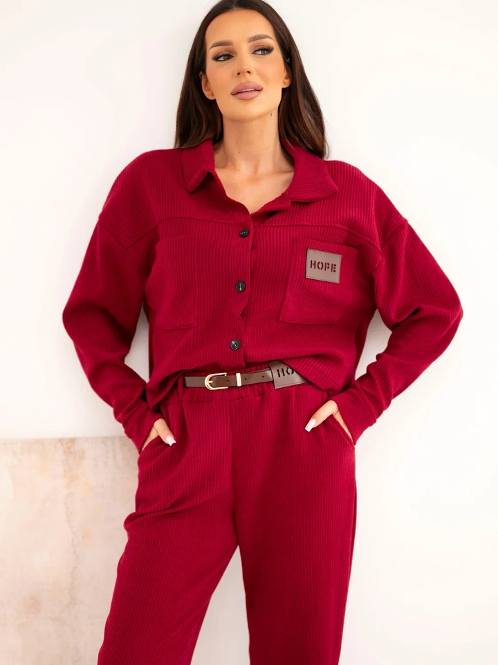 Women's viscose corduroy set with jacket and trousers with belt burgundy