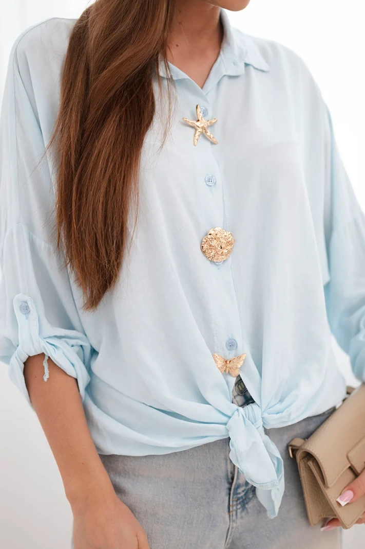 Women's shirt with viscose, decorative buttons, and collar blue