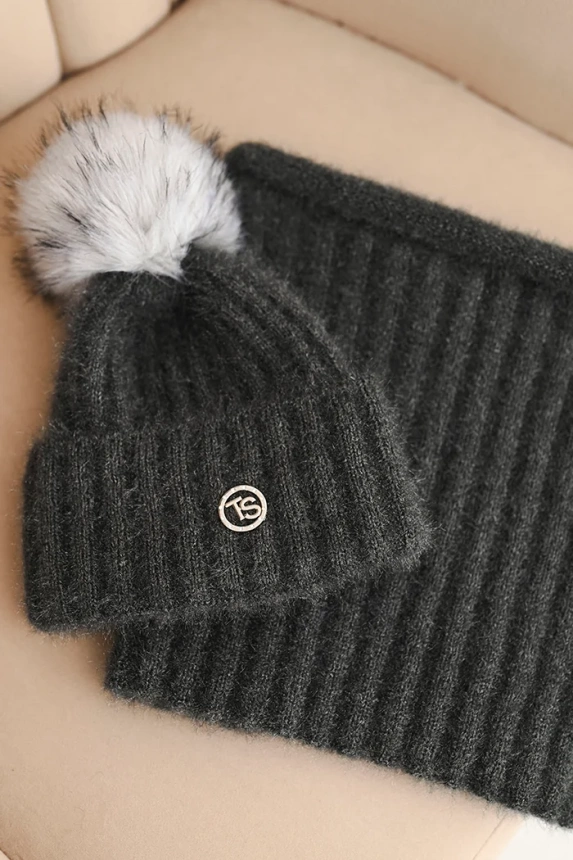 Damen Winterset mit Pompon und Schal graufit