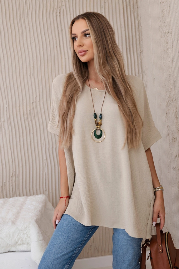 Oversize-Bluse mit Anhänger Dunkelbeige