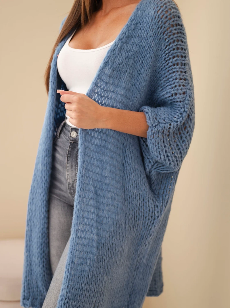 Women’s oversized sweater with a loose knit without fastening denim blue