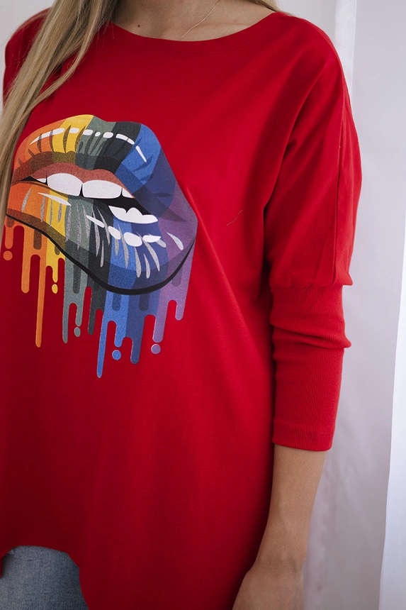 Oversize-Bluse mit Regenbogen-Lippendruck rot