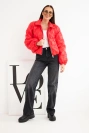 Women’s short quilted jacket with collar and zipper red