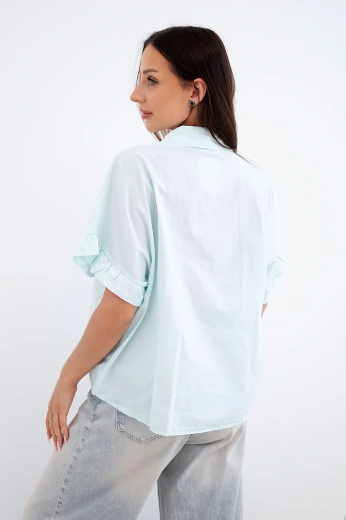 Women's cotton tie-front shirt with floral embroidery mint