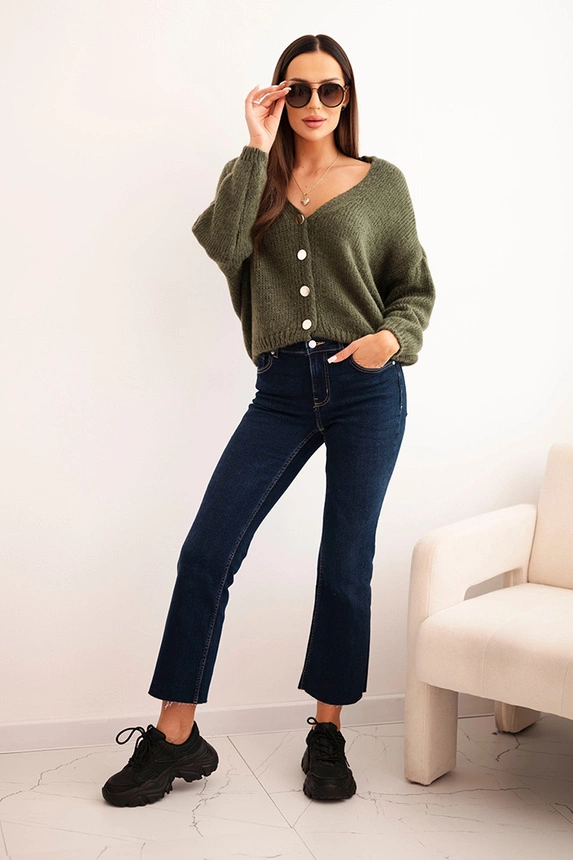Women's sweater with a V-neck and buttons khaki