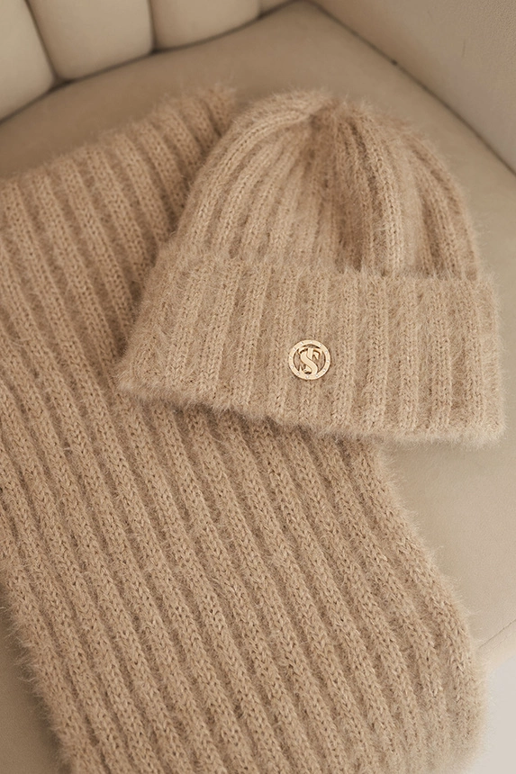 Women's set hat and long scarf made of soft yarn camel
