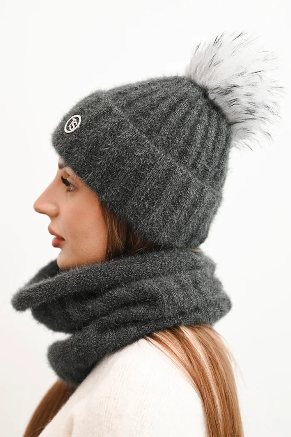 Damen Winterset mit Pompon und Schal graufit