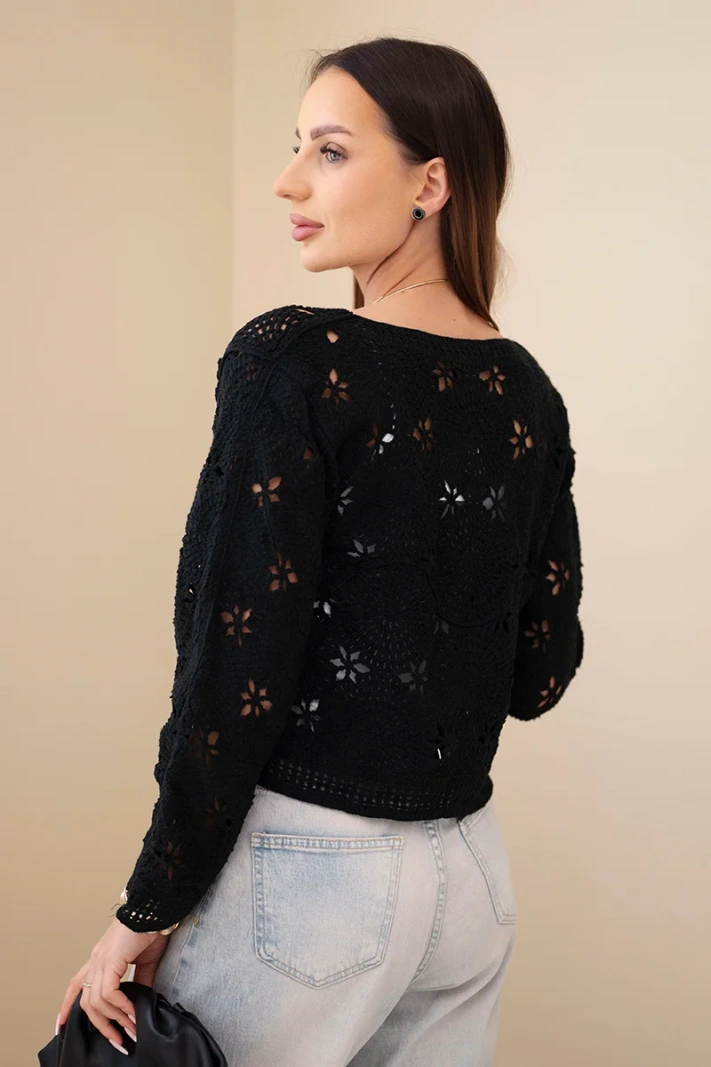 Damenpullover mit Ajour- und Blumenmuster schwarz