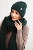 Women's set hat and scarf with ribbed pattern and decoration dark green