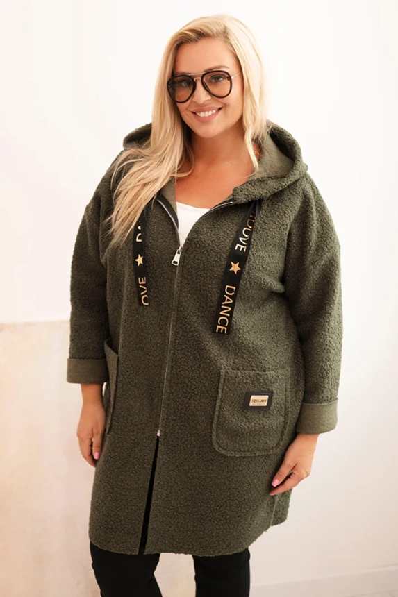 Plus Size women's coat made of faux shearling with a hood and pockets khaki